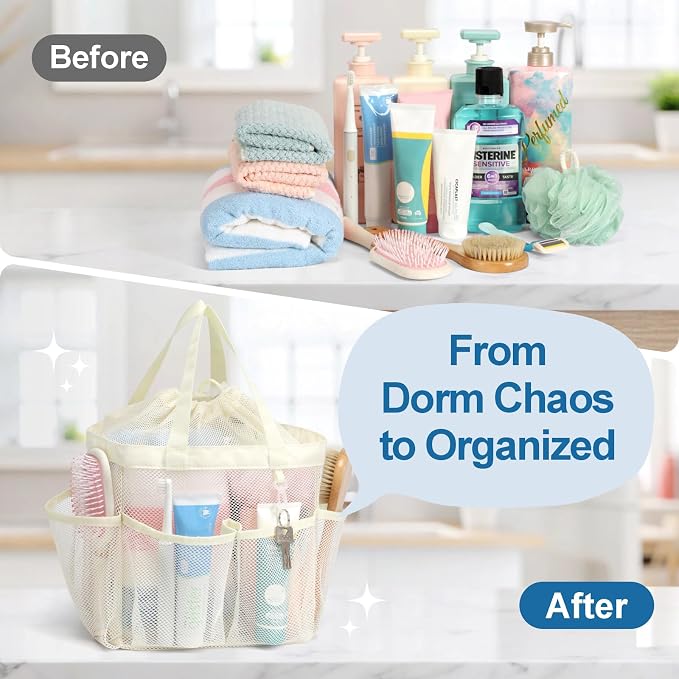 F-color Mesh Shower Caddy Portable with Drawstring -Upgrade Deeper 7 Pockets Dorm Room Essentials for Guys Girls with S Hook, Shower Bag Basket Tote for College Camping Gym Bathroom, Butter White