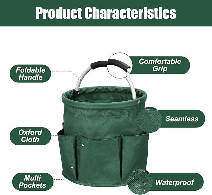 17L Portable Cleaning Bucket Organiser, 6 Pockets Foldable Cleaning Caddy with Handle Wearable Cleaning Caddy Bag for Outdoor Camping Garden Harvest Basket Home Bathroom Storage (Dark Green)