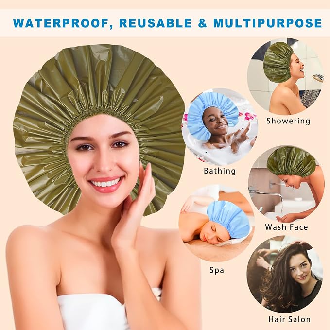 Super Jumbo Shower Cap for Women, 2 PCS Waterproof Hair Caps for Locs | Extra Large, Double Side Reusable PEVA Bath Cap, Washable, Holds Long Thick Twist Braid - Blue+Green