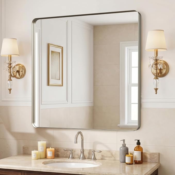36"x36" Bathroom Vanity Mirror for Wall Aluminum Framed Farmhouse Rectangle | Anti-Rust, HD Reflection Anti-Desilvering, Distortion Free, Tempered and Shatter-Proof Wall Mounted Mirror, Brushed Nickel