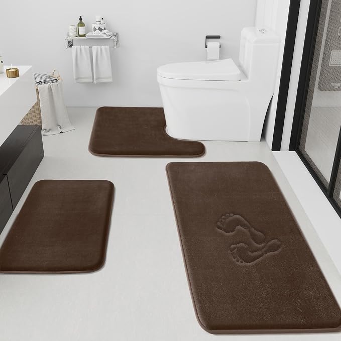 Bathroom Rugs Sets 3 Piece, Non-Slip & Quick Dry Bath Mat Set, Ultra Soft Velvet Bath Rugs for Bathroom, Toilet and Shower Floor, Brown