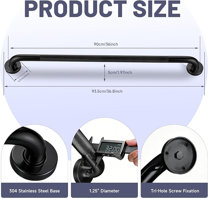 Black Shower Grab Bar 36 Inch, 1.25" Dia Anti Slip Safety Bars, 304 Stainless Steel Bathroom Grab Bars，Handicap Handrail for Wall, Shower Grip Handle for Seniors Elderly Injury Assist Bath