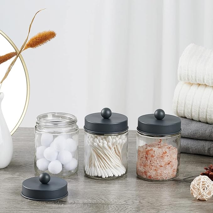 Amolliar 6 Pack Apothecary Jars Bathroom Organizer - Rustic Farmhouse Decor Qtip Holder with Stainless Steel Lids - Glass Bathroom Storage Canisters for Cotton Swabs, Rounds, Balls, Flossers (Grey)