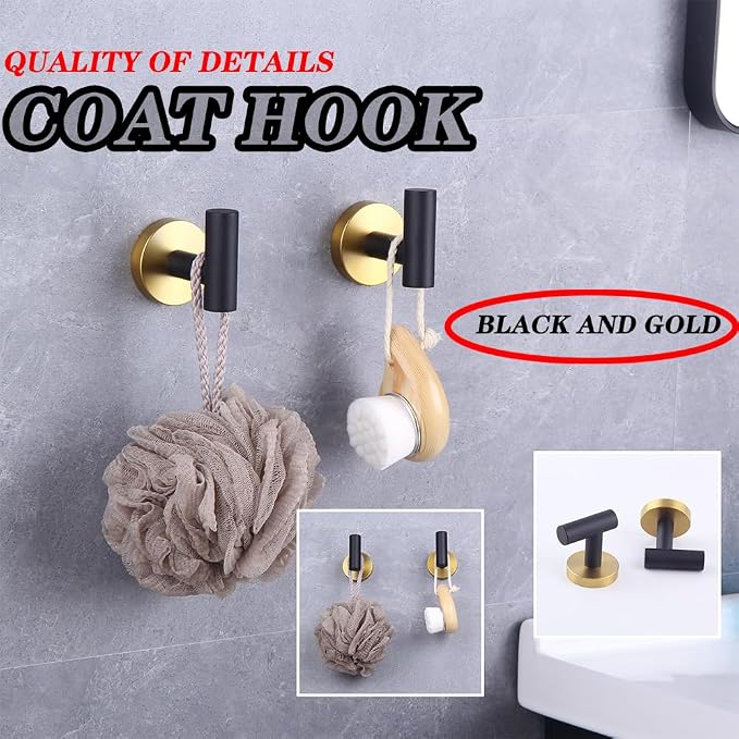 GERZWY Stainless Steel Towel Hook Robe Hook Coat Hook Heavy Duty Wall Mounted Luxury Hooks for Bathroom Hotel 2 Pack (Black & Gold) AG1107B-BD