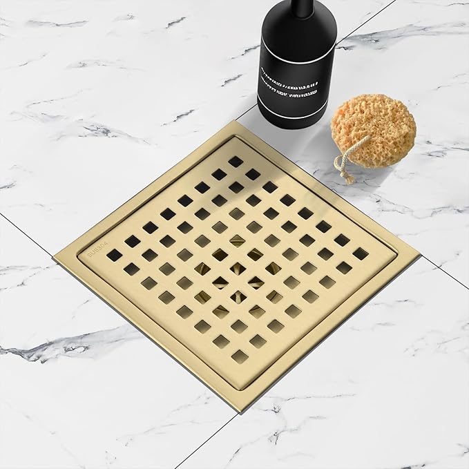 6 Inch Shower Drain 304 Stainless Steel Brushed Gold Square Shower Floor Drain Kit with Flange, Removable Cover Grille, Hair Filter for Bathroom, Kitchen, Balcony