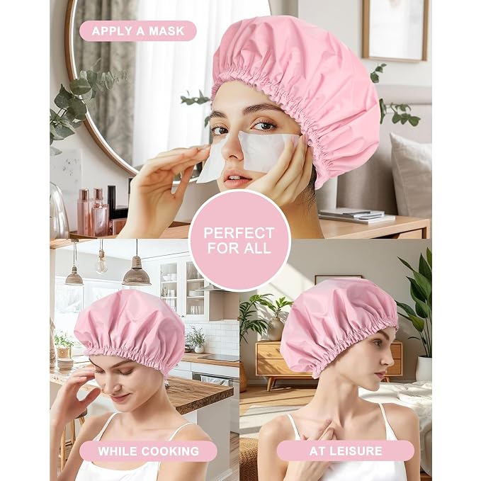 Shower Cap for Women, Large Waterproof Shower Bonnet | Double Layer, Reusable Hair Protector, Washable Large Bath Cap, Wide Elastic Band, for Long Hair, Braids - Pink