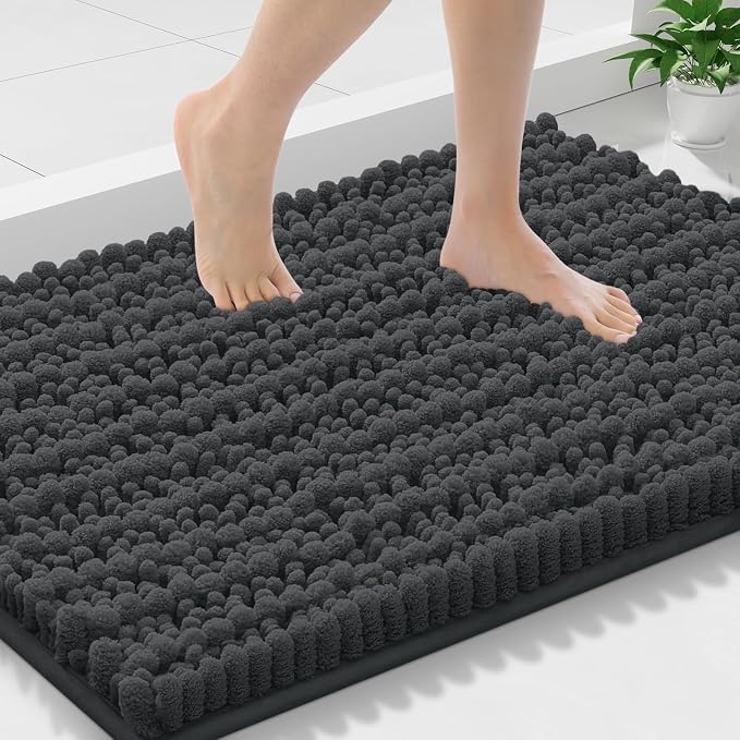Smiry Bathroom Rugs 30X18, Extra Soft Rubber Backing Chenille Bath Mats | Dark Grey Machine Washable Non Slip Quick Dry Bath Mats for Bathroom Floor, Tub, Shower, Home Decor Accessories