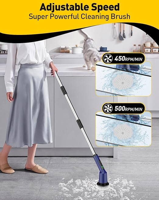 Electric Spin Scrubber for Bathroom, Shower Scrubber with Long Handle | Shower Cleaner Brushes, IPX7 Waterproof & 2 Speed, 8 Brush Heads, 90min Runtime, Bathroom Cleaning Supplies for Toilet Tub