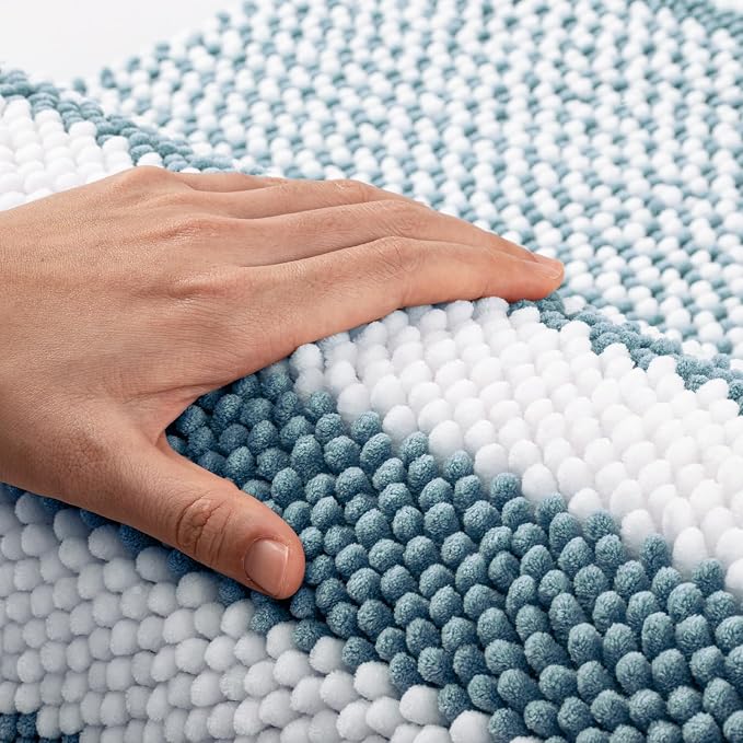 Bathroom Rugs, 17x24 Chenille Bath Mats, Denim Blue | Extra Soft Absorbent, Non Slip Striped, Quick Dry Machine Washable, Modern，Shower Rug for Bathroom Bedroom Decor