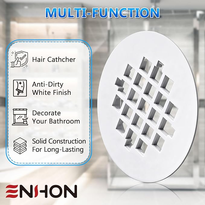 Enhon 2 Pack 4-1/4 Snap in Shower Drain Cover, Round Strainer Drain Grid, Bathroom Shower Grate Cap Replacement for Hair Catcher (White,PVC Plastic)