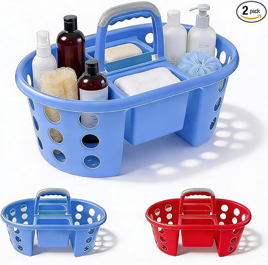 SIMPLYKLEEN Large Shower Caddy Portable 2PC - Made in USA Plastic Jumbo Size Dorm Storage Candy Tote with Handle Shower Organizer for Bathroom, Pantry, Kitchen, College Dorm, Red/Periwinkle