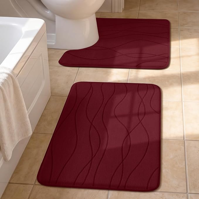 YIHOUSE Bathroom Rugs Set 2 Piece, Memory Foam Bath Mat Red | U Shaped+Small Mat, Ultra Soft, Absorbent, Non-Slip, Machine Washable, for Bathroom, Sink and Toilet