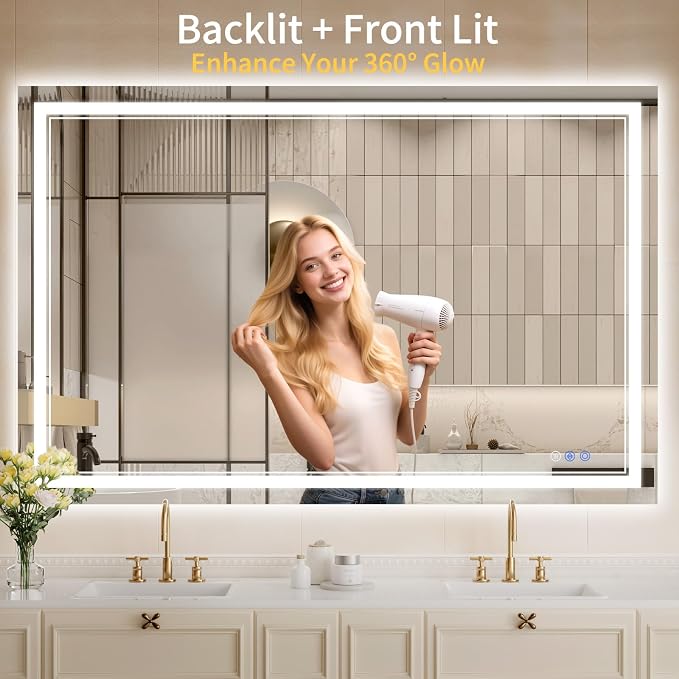 40"x50" LED Bathroom Mirror with Lights, Anti-Fog, Backlit + Front Lit, Dimmable, Led Vanity Mirror for Wall, Lighted Bathroom Mirror, 6 Colors, Shatter-Proof Tempered Glass