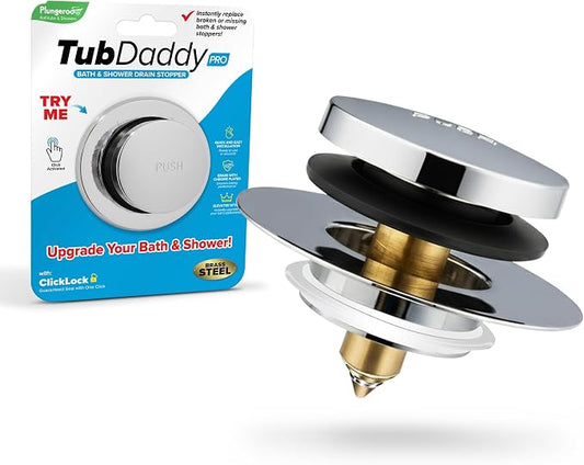 Tub Daddy Pro Universal Bathtub Drain Stopper – ClickLock Seal, Hair Catcher, Easy Install, Chrome & Nickel Finish