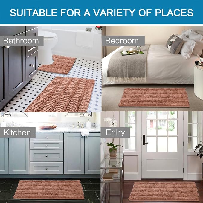 H.VERSAILTEX Bathroom Rugs Bath Rug Set 2 Piece Bathroom Contour Rug Toilet Mat Non Slip Contour Bath Rug Ultra Thick Water Absorbent Striped Bath Mats Washable(36" x 24" Plus 20" x 24" U, Muted Clay)