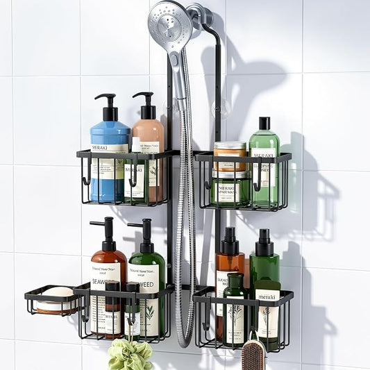 Luxspire Shower Caddy Hanging Overhead, Shower Organizer Hanging, Black | No Drilling Required, Height-Adjustable, Thickened Rustproof Stainless Steel, Heavy-Duty, Include 8 Hooks And Soap Holder