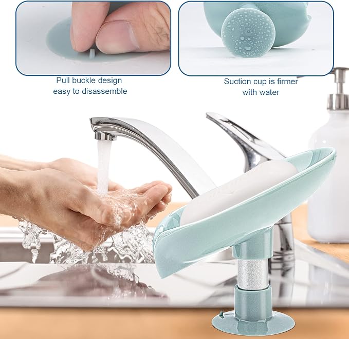 2 Pack Soap Holder Leaf-Shape Self Draining Soap Dish Holder, Not Punched Easy Clean Bar Soap Holder, with Suction Cup Soap Dish Suitable for Shower, Bathroom, Kitchen Sink (Grey + Green)