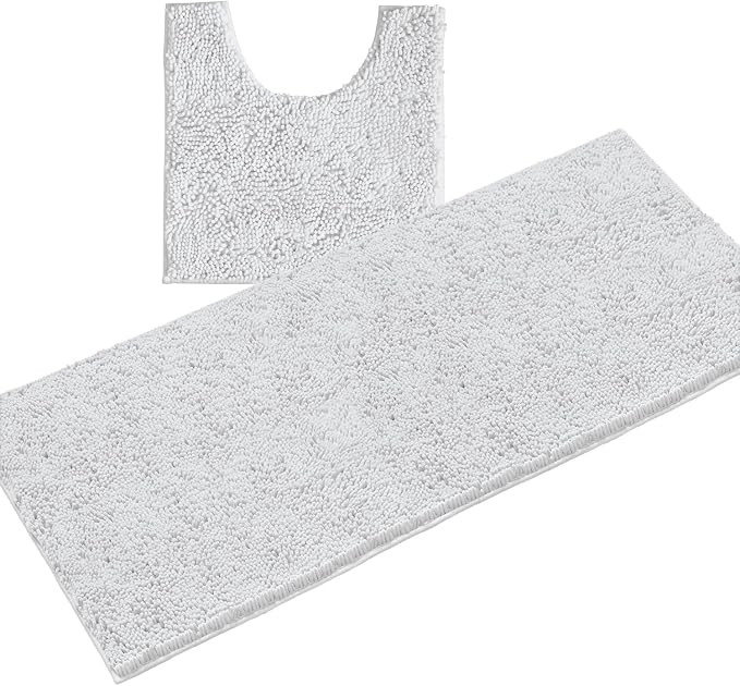 LuxUrux 2-Piece Bathroom Rug Set – Plush Chenille Runner & U-Shaped Toilet Mat, Soft, Absorbent & Non-Slip Design (20x20 U & 27x47 inches, White)