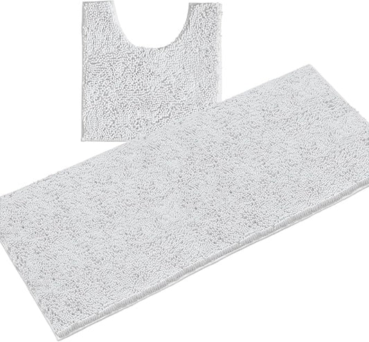 LuxUrux 2-Piece Bathroom Rug Set – Plush Chenille Runner & U-Shaped Toilet Mat, Soft, Absorbent & Non-Slip Design (20x20 U & 27x47 inches, White)