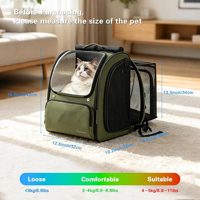 Cat Backpack Carrier Expandable Pet Backpack for Cats & Small Dogs | Clear Cat Carrier Large Space Shaded Cat Bubble Backpack Breathable Pet Outdoor Backpack for Hiking Travel Vet Walk, Green