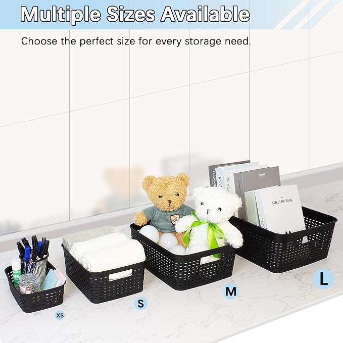 Soddeph Plastic Storage Baskets for Cabinets, Household Pantry Organization with Handle,Organizer Bins for Room,Bathrooms,Under-Sink,Kitchen (Black, XS-3PACK)