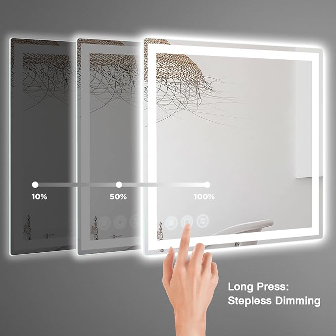 Memobarco 24" x 24" LED Bathroom Mirror with Lights, Memory Vanity Mirror | Anti-Fog, 3 Color Modes, Dimmable, Front Lit, Memory Function, Tempered Glass, Lighted Bathroom Mirror for Wall