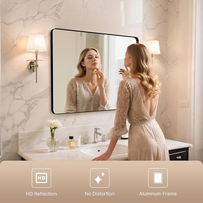 40"x30" Bathroom Vanity Mirror for Wall Aluminum Framed Farmhouse Rectangle | Anti-Rust, HD Reflection Anti-Desilvering, Distortion Free, Tempered and Shatter-Proof Wall Mounted Mirror, Black