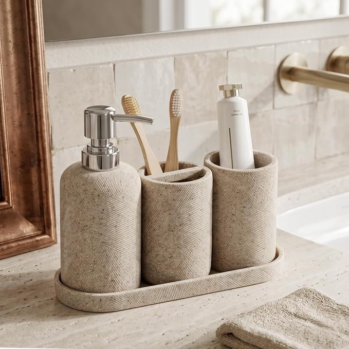 Bathroom Accessories Set,4 PCS Bathroom Organizer,Sand Stone Look,Beige | Simple, Modern Decor, Twill, With 10OZ Soap Dispenser and Toothbrush Holder, Tumbler, Vanity Tray for Bathroom Countertop
