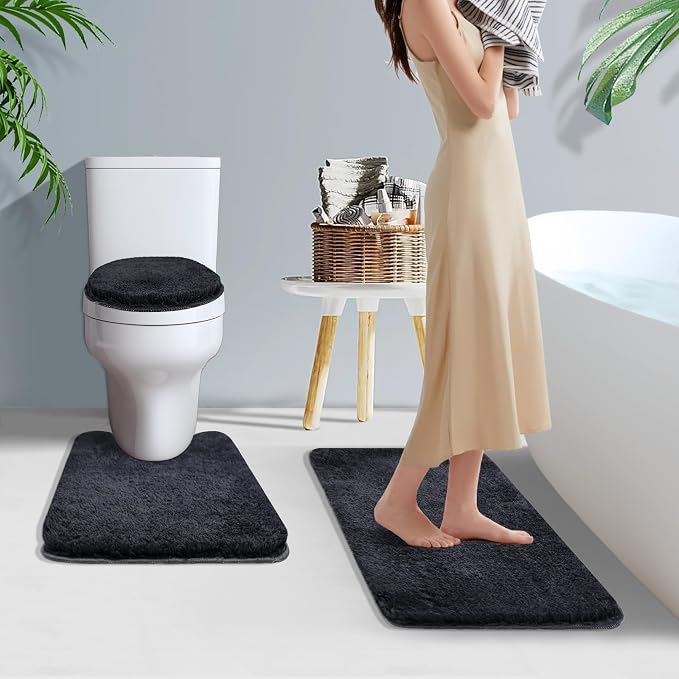 Bathroom Rugs Sets 3 Piece with Toilet Seat Cover 17.5"x 15" | Machine Washable Bath Rug Set with Tpr Non Slip Rubber Backing Solid Bath Mat Set for Luxury Bathroom Decoration