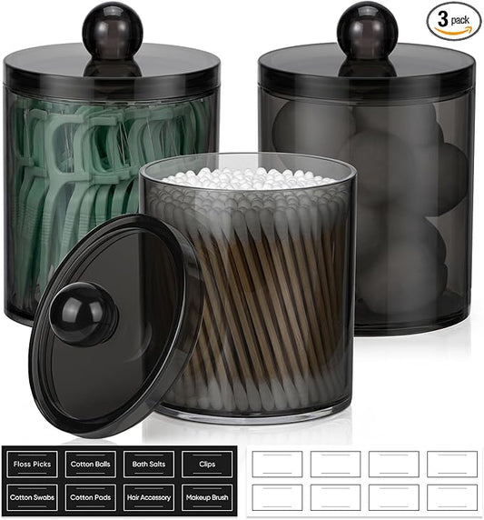 3 Pack Acrylic Qtip Holder Dispenser for Cotton Swabs, Balls, Floss Picks | Thick, Clear Black, w/ Labels - Small Canister Apothecary Jar Set, Bathroom Decor Essentials, Shelf Vanity Storage Organizer