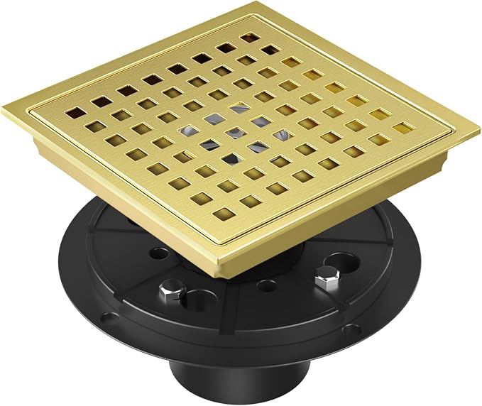 EXF Square Shower Drain Brushed Gold 6-Inch with ABS Flange, Hair Catcher | 304 Stainless Steel, Removable Grid Grate, Anti-Clog, Anti-Rust, Easy Clean, Adjustable Height