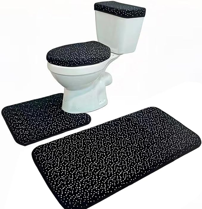 Madeals Memory Foam Bathroom Toilet Rug Set 4 Piece with Toilet Lid Cover and Tank Covers Shiny Black Specks