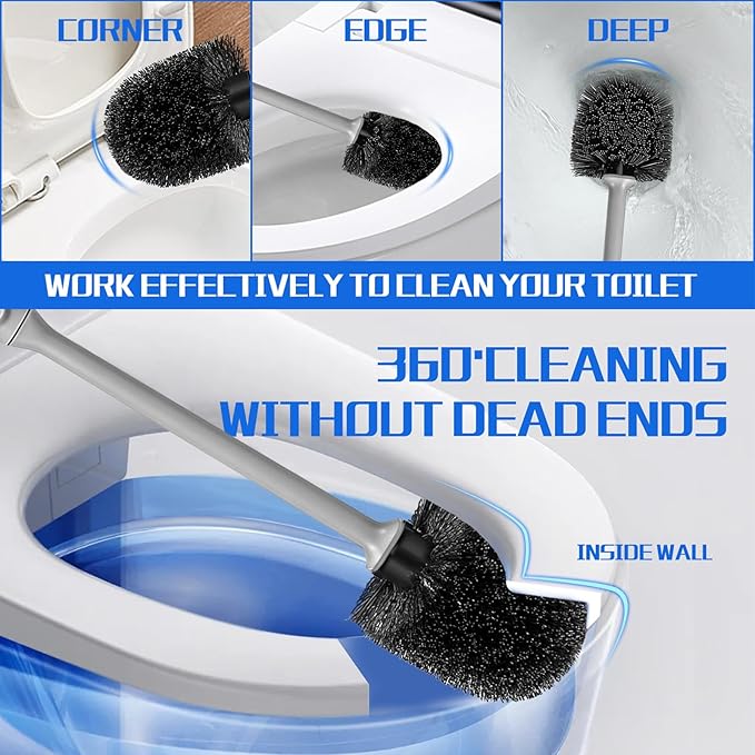 Toilet Brush and Holder 4 Pack with Long Handle - Non-Slip Grip Toilet Bowl Brush Set for Deep Cleaning Bathroom, Toilet Scrubber- Gray