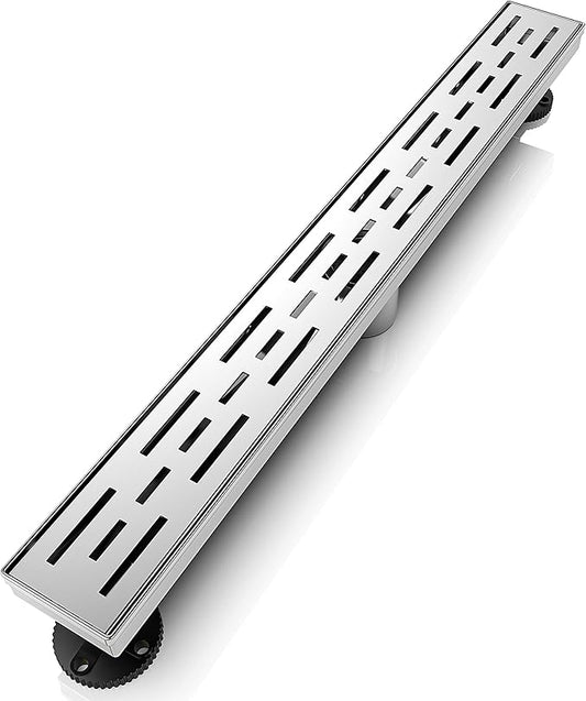 WEBANG 24 Inch Linear Shower Drain Rectangular Floor Drain with Accessories Rainline Pattern Cover Grate Removable SUS304 Stainless Steel CUPC Certified Brushed
