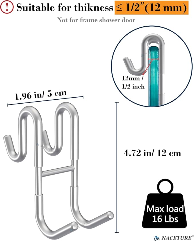 NACETURE Double Shower Door Hooks - Shower Hook Over The Door Towel Hook for Frameless Glass, Bathroom Hooks for Squeegee Rack, Robe, Organize (2 Pack)