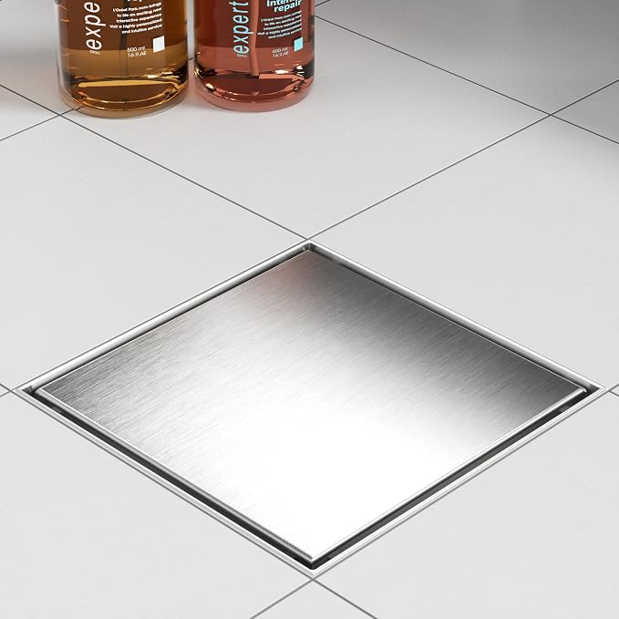 Neodrain 8-Inch Square Shower Drain with Removable Tile Insert Grate, Brushed 304 Stainless Steel, CUPC Certified, Includes Hair Strainer