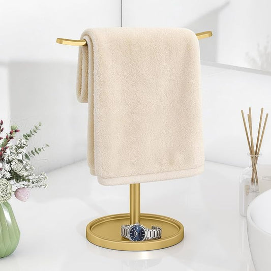 STWWO Hand Towel Holder, Stainless Steel Towel Holder Stand for Bathroom, Kitchen Countertop, T-Shaped Hand Towel Rack Stand, Gold
