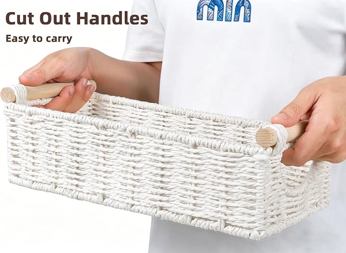 CubesLand Small Wicker Toilet Basket Tray Organizer W/Cut Out Handle, Handwoven Slim Decorative Basket for Countertop, Shelves And for Rustic Home Decor, Living Room, Nursery Organization, Cream