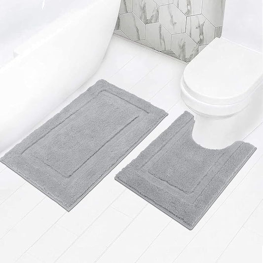 SHACOS Soft Microfiber Bathroom Rugs Set 2 Pieces with Toilet Rug | Absorbent Plush Bath Mat U Shaped Contour Bath Rug, Non Slip Washable Fluffy Bathroom Floor Mats, 32x20+24x20, Light Grey