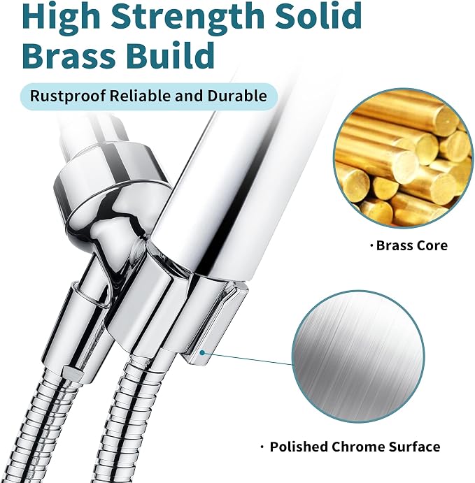 BRIGHT SHOWERS All Metal Handheld Shower Head Holder, Adjustable Shower Arm Mount with 360 Degree Rotatable Brass Ball Joint and Hose Connector, Universal Wall Hook Bracket, Chrome