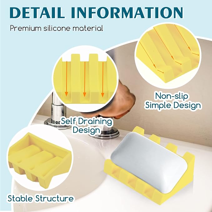 Self Draining Silicone Soap Dish Holder Waterfall Tray, 2 Pack Yellow