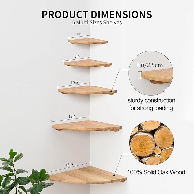 Gieanoo Corner Floating Shelf 9inch Solid Oak Wood Floating Corner Shelf with Wire Hole Corner Wall Mount Storage Display Shelves for Living Room Bedroom Bathroom Kitchen