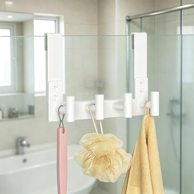 PMMASTO No-Drill Extra Long Shower Hooks, Fits 3/8" Thick Door, Heavy Duty Stainless Steel Towel Hooks for Frameless Glass Shower Door, Holds Bathrobe Towel (White, 4 T-Hooks)
