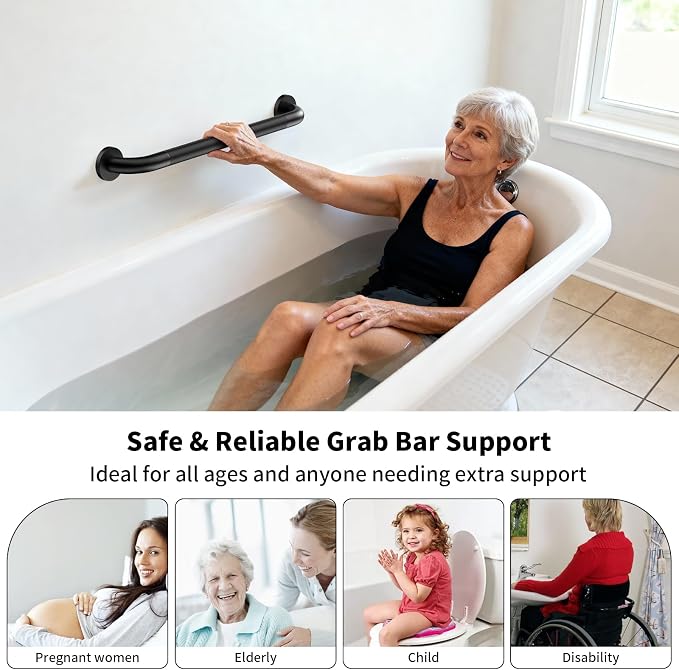 24 Inch Shower Grab Bar, ZUEXT Stainless Steel Bathroom Safety Handle w/Knurled Non-Slip Grip, Heavy Duty Wall Mounted Bathtub Toilet Support Rail for Elderly Seniors Disabled (Black, 1.25" Diameter)