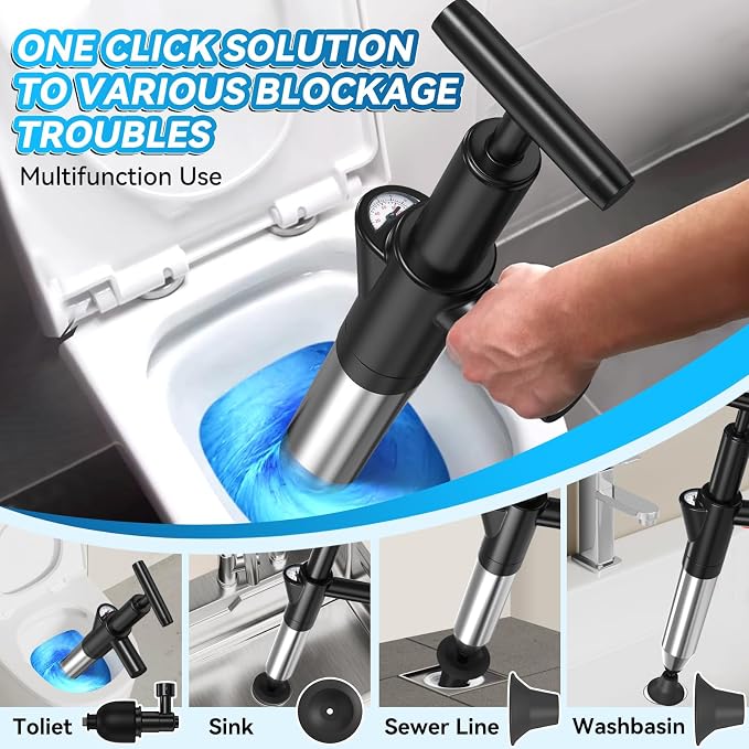 Toilet Plunger, Upgraded High Pressure Toilet Plunger Air Plungers Sink Plunger with Visual Barometer, Stainless Steel Air Drain Blaster, Powerful Drain Clog Remover for Bathroom,Kitchen,Clogged Pipe