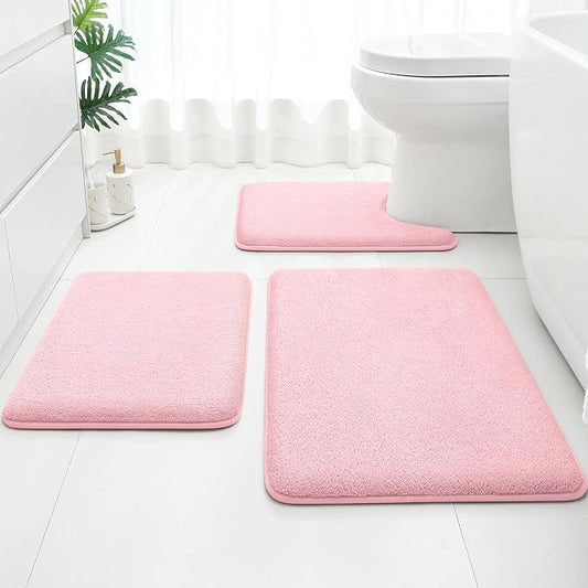 HOMEIDEAS 3 Piece Bathroom Rugs Set, Light Pink 17"x24"+20"x32"+20"x24" | Memory Foam, Ultra Soft, Super Absorbent Bath Mats, Non Slip Backing, U Shaped Toilet Rug for Bathroom, Tub and Shower