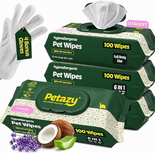 Pet Wipes for Dogs & Cats - Paws, Ears & Butt Cleaning, 400 Count | Lavender, Hypoallergenic for Sensitive Skin, XL, Extra Thick, Tear-Resistant, Deodorizing, Aloe & Coconut Oil, 4 Glove Wipes