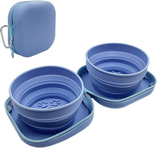Portable Dog Bowl, Collapsible 2-in-1 Travel Dog Bowls with Carabiner Clip, Silicone Double Pet Food and Water Dish for Outdoor Camping and Hiking (Blue)