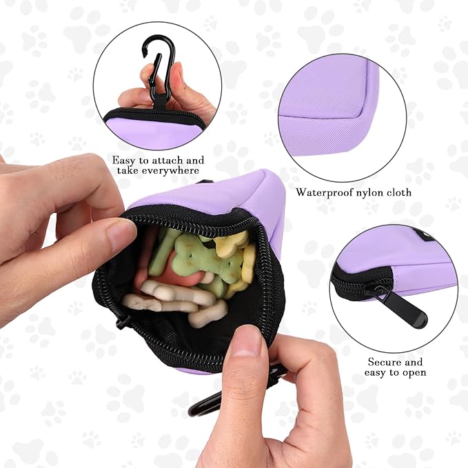 Dog Treat Pouch Pocket Sized Pet Puppy Training Pouch for Dog Training Behavior Aids, Waterproof Nylon Fabric Dog Poop Bag Holder, Hands Free Dog Walking Bag with Metal Carabiner (Violet)