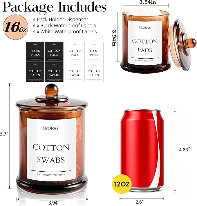 LEORAY 4 Pack Glass Qtip Holder Dispenser with Lids, Airtight Waterproof, 16 Oz Vanity Organizer Bathroom Canisters for Cotton Swabs, Balls, Pads, Floss Picks, Restroom Kitchen Storage Jars, Amber